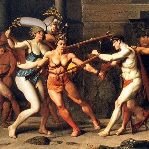 Image similar to muscular warrior women, spartan warrior women, clashing in gladiatorial arena, roman coliseum, roman emperor watching, art by jacques - louis david