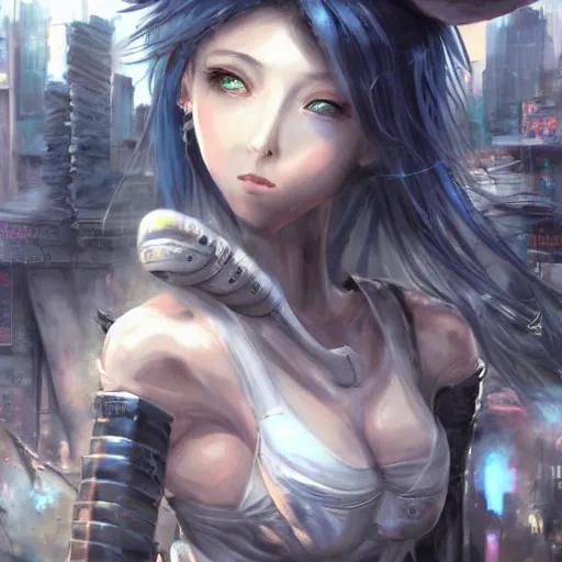 Image similar to dynamic composition, motion, ultra-detailed, incredibly detailed, a lot of details, amazing fine details and brush strokes, colorful and grayish palette, smooth, HD semirealistic anime CG concept art digital painting, watercolor oil painting of Clean and detailed post-cyberpunk sci-fi close-up cyborg vampire girl in asian city in style of cytus and deemo, blue flame, relaxing, calm and mysterious vibes,, by a Chinese artist at ArtStation, by Huang Guangjian, Fenghua Zhong, Ruan Jia, Xin Jin and Wei Chang. Realistic artwork of a Chinese videogame, gradients, gentle an harmonic grayish colors. set in half-life 2, Matrix, GITS, Blade Runner, Neotokyo Source, Syndicate(2012), dynamic composition, beautiful with eerie vibes, very inspirational, very stylish, with gradients, surrealistic, dystopia, postapocalyptic vibes, depth of field, mist, rich cinematic atmosphere, perfect digital art, mystical journey in strange world