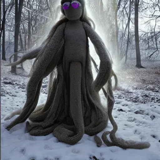 Image similar to ethereal ghostly live action muppet wraith like figure with a parasitic squid head with two very long tentacles for arms that flow gracefully at its sides with a long fuzzy snake tail body, it stalks around the frozen tundra searching for lost souls and that hide in the shadows in the trees, this character uses hydrokinesis and electrokinesis, it is a real muppet by sesame street, photo realistic, real, realistic, felt, stopmotion, photography, sesame street