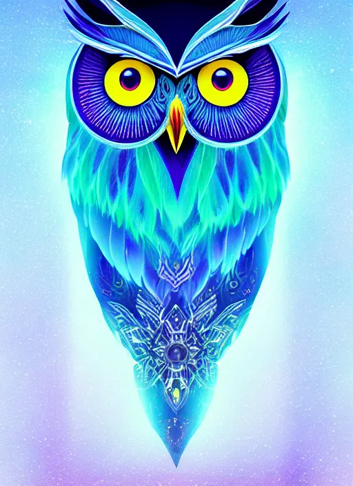 Image similar to symmetry!! product render poster vivid colors divine proportion owl, ice and snow, glowing fog intricate, elegant, highly detailed, digital painting, artstation, concept art, smooth, sharp focus, illustration,