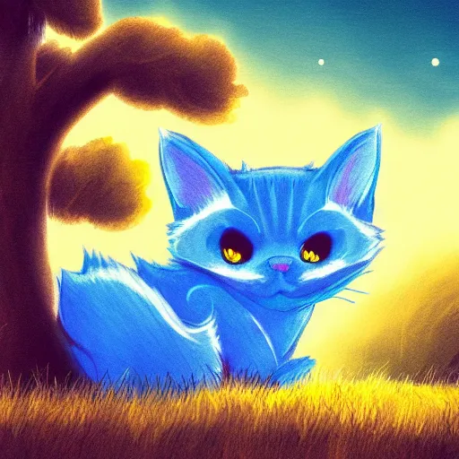 Prompt: illustration of glowing very cute blue cat, grassy field and tree, beautiful detailed concept art, artstation, warrior cats, shading,