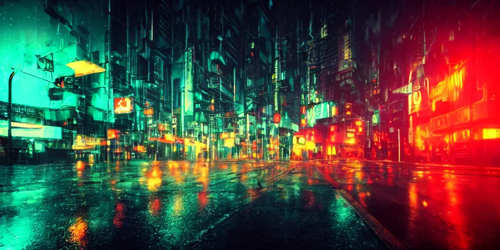Image similar to rainy cyberpunk city street, neon lights, night time, dark, cinematic lighting, bokeh