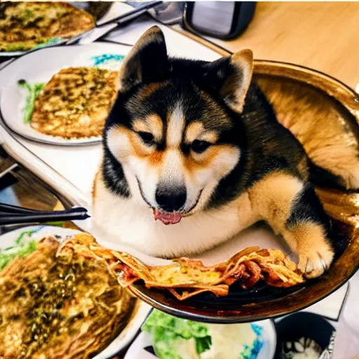 Image similar to a photo of a shiba inu made out of okonomiyaki