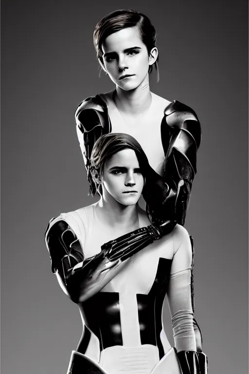 Prompt: emma watson closeup portrait futuristic fractal fightsuit bustier gaston bussiere craig mullins j. c. leyendecker short wet hair richard avedon peter lindbergh monochrome studio lighting