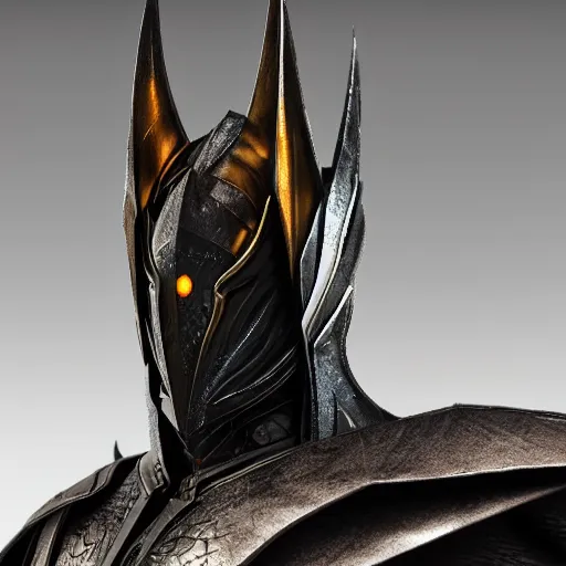 Image similar to a photorealistic 3D render portrait of sauron the dark lord wearing armor made of iron, unreal engine, octane render, cinematic lighting, a sense of evil, hard surface character concept art, dark fantasy character design, hyper realism, high detail, depth of field, stunning cgsociety