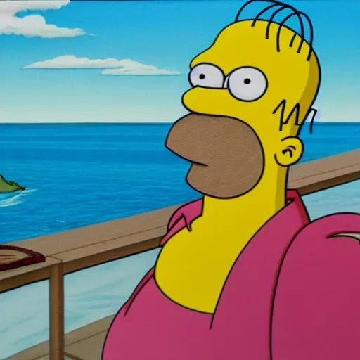 Prompt: Homer Simpson contemplating life while staring out at the sea, realism, high detail