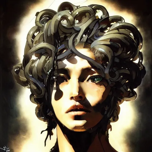 Image similar to a dramatic side portrait painting of a medusa. her face is covered by a veil, and light is glowing. art by yoji shinkawa and sandra chevrier, trending on artstation, award - winning, perfect composition.