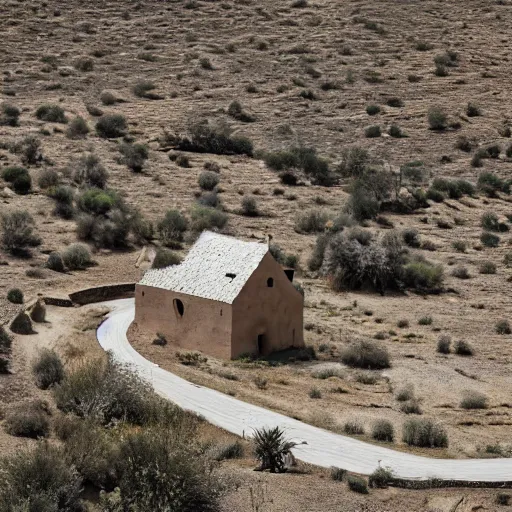 Prompt: A medieval house in the middle of a desert, photograph