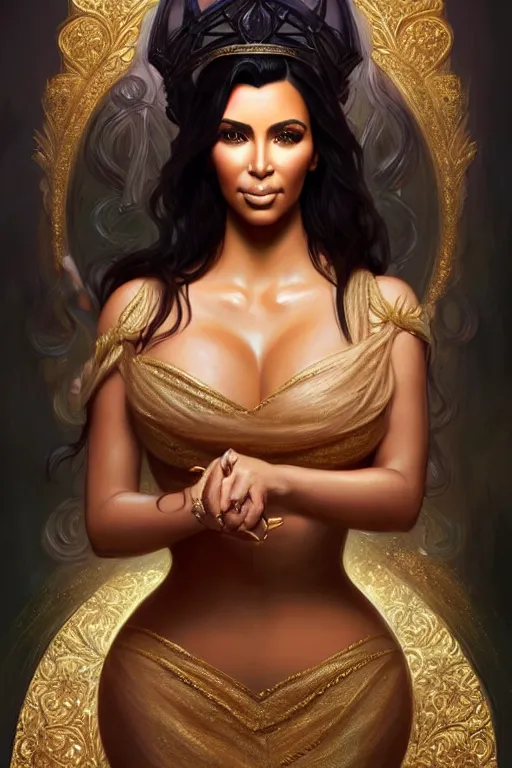 Image similar to Kim Kardashian as a princess, fantasy, intricate, elegant, highly detailed, digital painting, artstation, concept art, matte, sharp focus, illustration, art by Artgerm and Greg Rutkowski and Alphonse Mucha