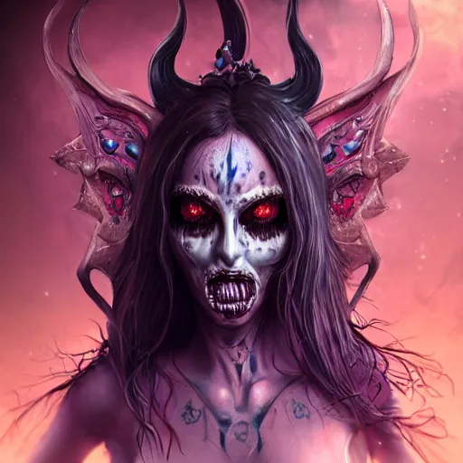 Prompt: a wlop 3 d render of very very very very highly detailed beautiful mystic portrait of a phantom undead succubus with whirling galaxy around, bloody fangs, deranged eyes, tattoos by anton pieck, intricate, extremely detailed, digital painting, artstation, concept art, smooth, sharp focus, illustration, intimidating lighting, incredible art,