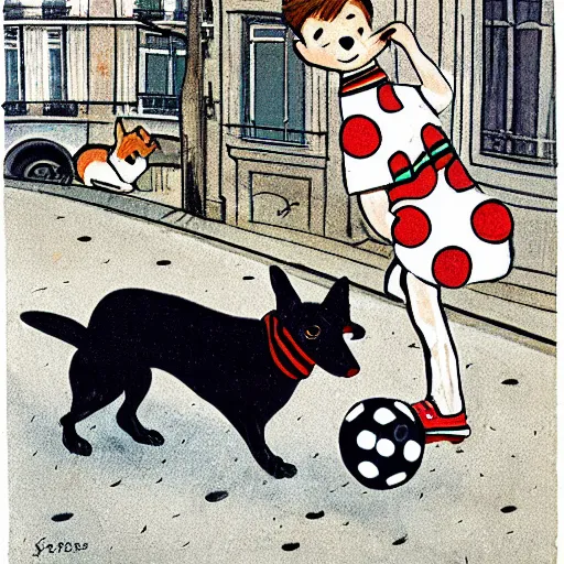 Image similar to book illustration of a french boy on the streets of paris playing football against a corgi, the dog is wearing a polka dot scarf, 1 9 6 6