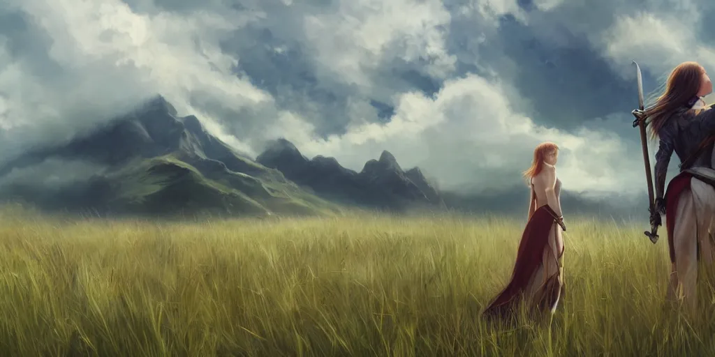 Prompt: back shot of one single beautiful girl in grass field, holding a oversized sword. digital art by wlop. artstation contest winner, cinematic paint. lower shot. dramatic cloud and mountain in background.