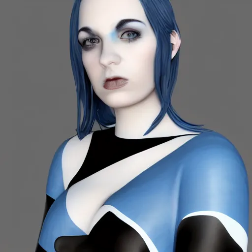 Image similar to portrait of a comforting pale goth woman with elegant multilayered blue-white-black leather high-neck dress, curvy thin waist, photorealistic, sublime, 16k, smooth, sharp focus, cgsociety, trending on ArtStation, volumetric lighting
