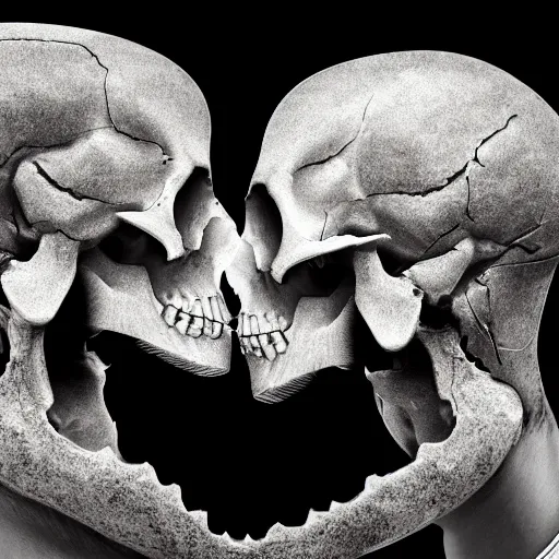 Prompt: a photography of a lion skull kissing a young male human skull, detailed, 4k