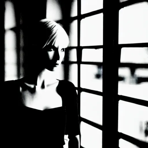 Image similar to worried, runaway beautiful supermodel replicant looking out the window in a dirty abandoned factory, short blonde hair, cyberpunk outfit, still from closed circuit tv footage, high angle