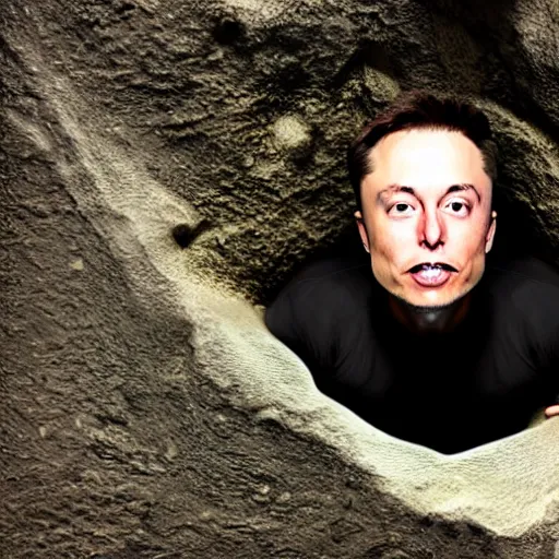 Image similar to photo inside a cavern of a wet reptilian humanoid rapper elon musk partially hidden behind a rock, with black eyes, open mouth and big teeth