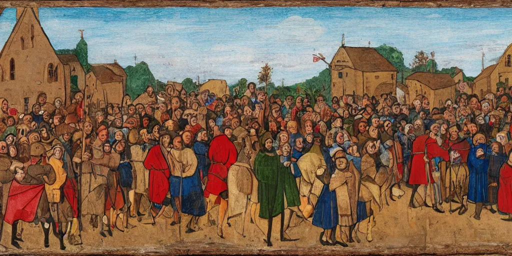 Image similar to color painting of a crowd of medieval villagers cheering and looking at camera, empty road in the middle, eye level view