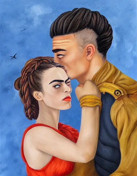 Image similar to couple in love. fully clothed armed female pirate captain, rachel wall, with a male pirate partner, sun, summer, blue eyes, beauty, wisdom, love, strength, knowledge, smart, portrait, symmetrical, highly detailed, digital painting, artstation, smooth, sharp focus, illustration, strength, art by frida kahlo. 8 k