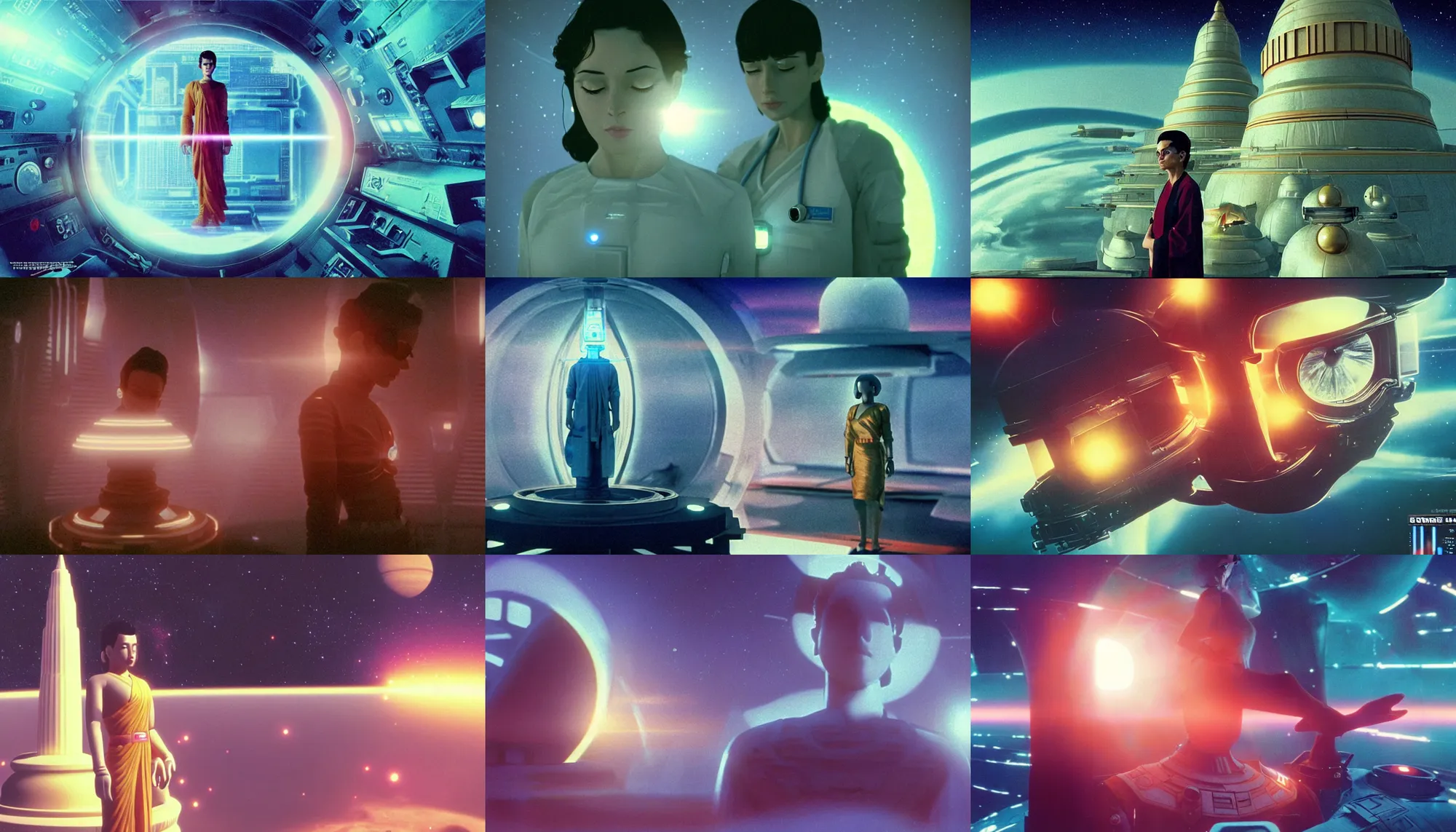 Prompt: Cinestill 50d, 8K, 35mm,J.J Abrams flare; beautiful ultra realistic vaporwave minimalistic shri yantra stupa pilot in space(1950) film still medical bay scene in 2000s frontiers in blade runner retrofuturism fashion magazine September moebius seinen manga style hyperrealism holly herndon edition, highly detailed, extreme closeup three-quarter model portrait, tilt shift LaGrange point orbit background, three point perspective, focus on anti-g flight suit,<pointé pose>;open mouth,terrified, eye contact, soft lighting