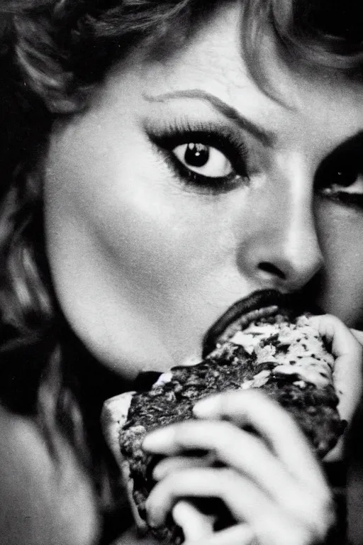 Image similar to professional studio photo of sophia loren eating!!! a pizza! margherita, closeup, portrait photo, diffuse light, black and white photo, 5 0 mm, soft focus, acclaimed, masterpiece