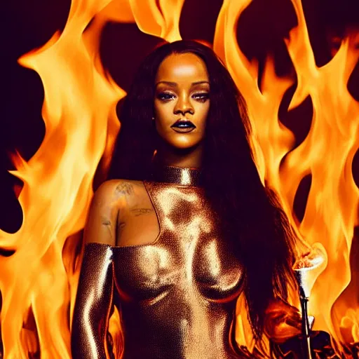 Image similar to a portrait of rihanna wearing a latex bodysuit standing in front of a burning down house. she's holding a flaming torch. exquisite details. photorealistic.