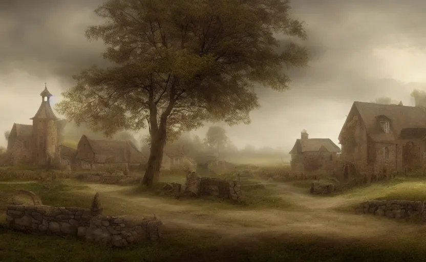 Image similar to matte painting of a countryside landscape of a 1 8 th century village. gloomy, fog, elaborate, detailed digital art trending in artstation