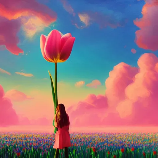 Image similar to girl with a giant tulip head, surreal photography, flower field, sunset dramatic light, impressionist painting, colorful clouds, blue sky, digital painting, artstation, simon stalenhag