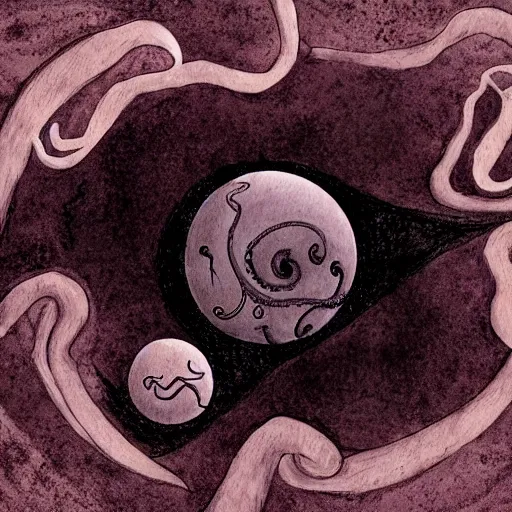 Image similar to a dark colored planet, shadow colored tentacles sticking out of the side, in the style of eldritch horror