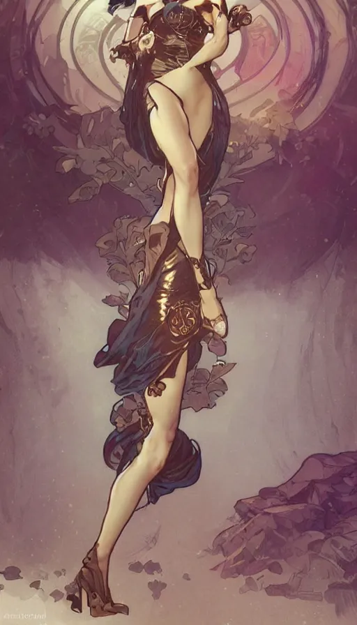 Image similar to diva in a cute pinup pose by artgerm, greg rutkowski and alphonse mucha, concept art, matte, intricate, full body, epic composition