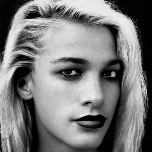Prompt: black and white vogue closeup portrait by herb ritts of a beautiful female model, trans male, high contrast