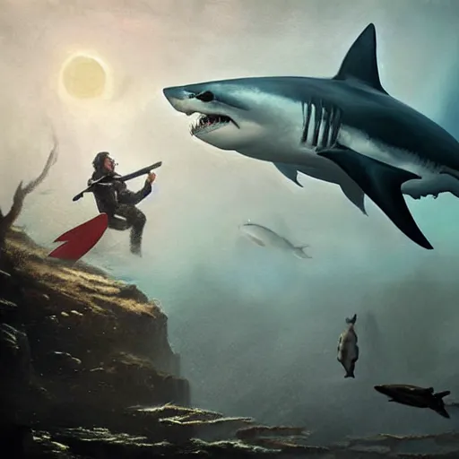 Image similar to a dream fantasy painting of ( white shark with blood teeth ) hunt a scuba diver, in the deep, trending on artstation, deviantart, matte painting by greg rutkowski, holly bruce, jon kuo