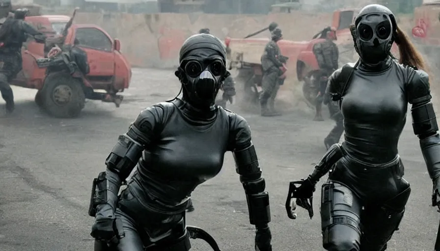 Prompt: big budget action movie where a beautiful female cyborgs in rubber suits and gas masks fight each other in a bloody war