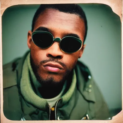 Prompt: photo, black man in memphis tennessee, moncler jacket, circular sunglasses, extreme close up portrait, kodak ektachrome, greenish expired film, award winning, low contrast