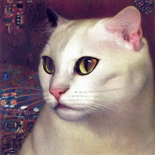 Image similar to portrait of a white cat with a black spot on its head, intricate, elegant, highly detailed, smooth, sharp focus, illustration, art by gustav klimt - adolphe bouguereau