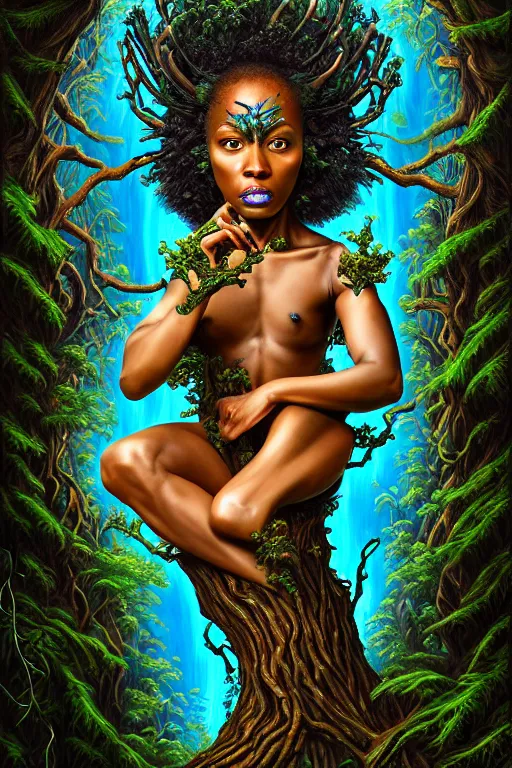 Image similar to hyperrealistic post-rococo super expressive! black woman with exoskeleton armor, merging with tree in a forest, highly detailed digital art masterpiece smooth cam de leon hannah yata dramatic pearlescent blue teal light ground angle hd 8k sharp focus