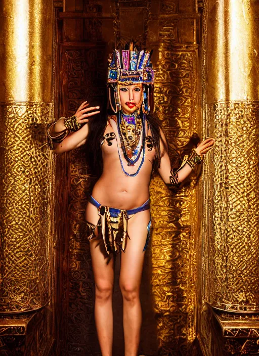 Prompt: photo shoot pose photo of beautiful aztec ancient princess standing in the corridor in the sacred temple, symmetrical face, big eyes and lips, looking down, subtle makeup, clean face and body skin,ecstatic expression, ornamental jewelry and ancient translucent clothes, futuristic space ship interrior, wires with lights,depth of field, lens flares, dust in the air, moody lighting, intricate, elegant, highly detailed, centered, smooth, sharp focus, Donato Giancola, Joseph Christian Leyendecker, WLOP, Boris Vallejo, Artgerm moody photography, old photo, black and white, sepia, cinematic lighting, cinematic angle, editorial photography