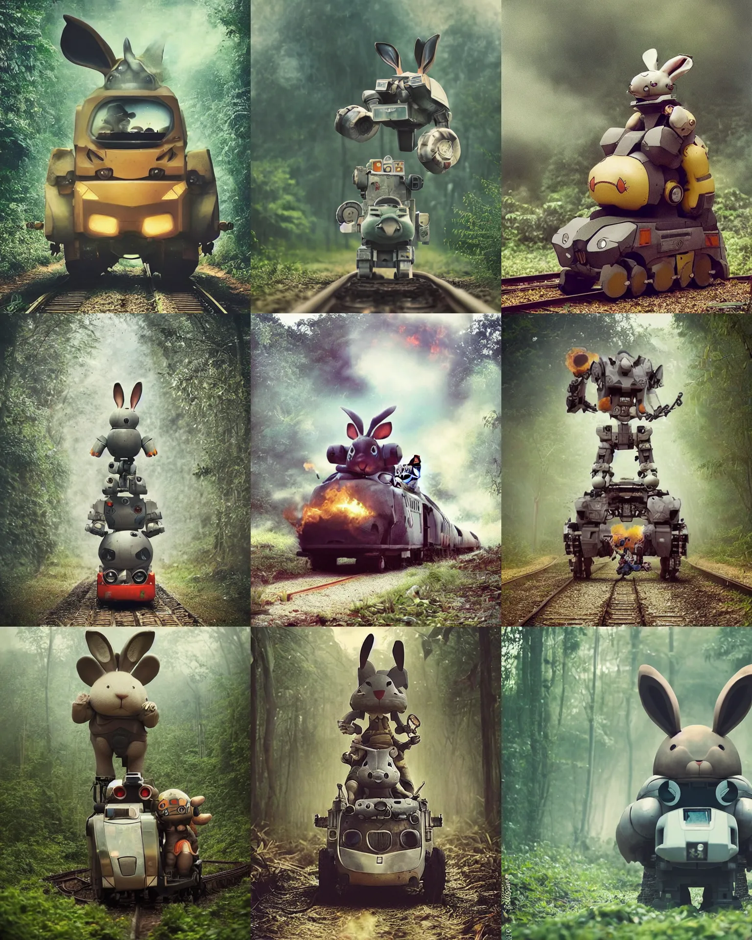 Prompt: epic battle pose !!!giant oversized battle rabbit robot chubby mech baby as train on fire with big ears and rabbit riding on track , on a jungle forest , full body , Cinematic focus, Polaroid photo, vintage , neutral dull colors, soft lights, foggy ,random weather, by oleg oprisco , by victor enrich