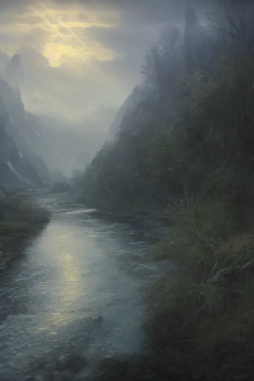 Prompt: River Anduin in the evening, detailed matte painting, cinematic, Alan Lee, Artstation