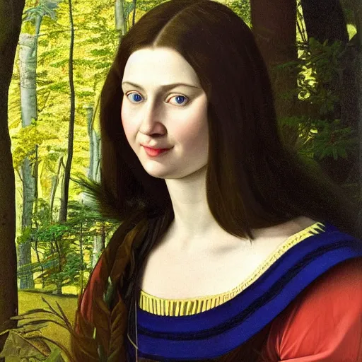 Image similar to full body portrait of a woman with blue eyes, gentle round face, with a bright smile, long dark hair, in a forest at night, highly detailed, deep focus, elegant, digital painting, smooth, sharp focus, golden ratio, illustration, ultra realistic, 8 k, art by artemisia lomi gentileschi and caravaggio