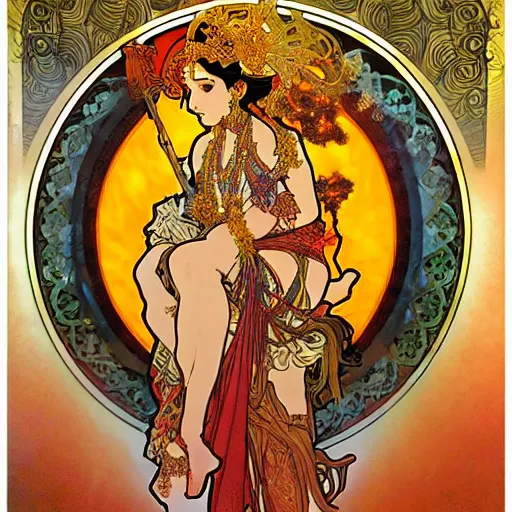 Image similar to hindu goddess of firespinning, by alphonse mucha, burning man, fire poi, fire staff, tesseract, intricate