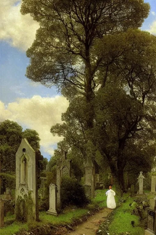 Image similar to a giant sketet in a magnificent dress walks along a cemetery along a path near a church in Manchester england, overgrown, weeds and ivy on the graves, an old twisted tree, a high stone wall, lawrence alma-tadema