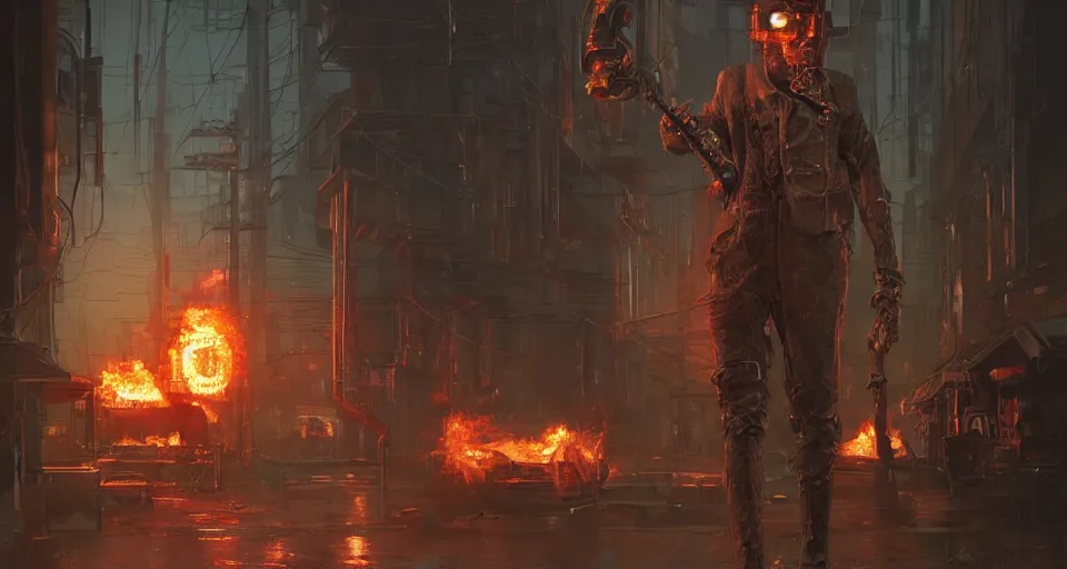 Image similar to a highly detailed epic cinematic concept art CG render digital painting artwork scene: a man kept alive by a smoking combustion engine. retrofuturistic 1920s cyberpunk steampunk. By Greg Rutkowski, Ilya Kuvshinov, WLOP, Stanley Artgerm Lau, Ruan Jia and Fenghua Zhong, trending on ArtStation, made in Maya, Blender and Photoshop, octane render, excellent composition, cinematic dystopian brutalist atmosphere, dynamic dramatic cinematic lighting, aesthetic, very inspirational, arthouse