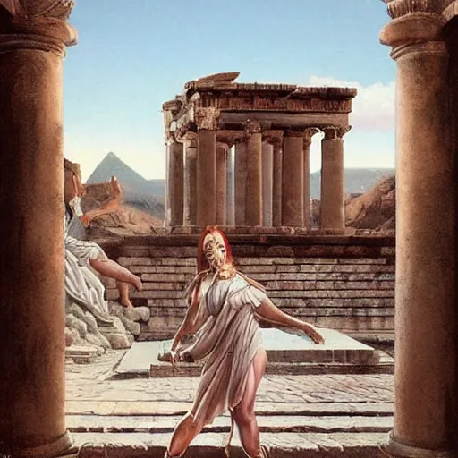 Image similar to young ancient greek godess in helmet, ancient greek temple, by David Ligare, wide angle scifi landscape, hyperrealistic surrealism, award winning masterpiece with incredible details, epic stunning, infinity pool, a surreal vaporwave liminal space, highly detailed, trending on ArtStation, artgerm and greg rutkowski and alphonse mucha, daily deviation, IAMAG, broken giant marble head statue ruins, golden hour