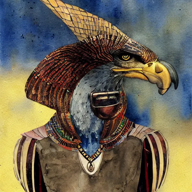 Image similar to expresionistic watercolor of Horus the falcon headed egyptian god, by Enki Bilal, by Dave McKean