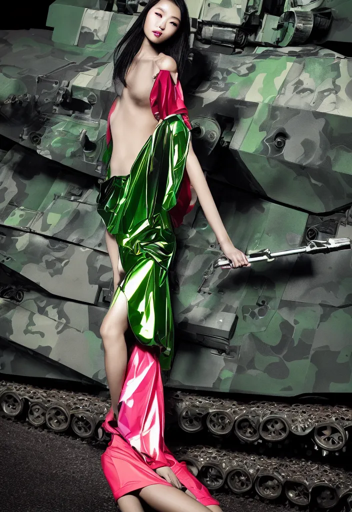 Image similar to gorgeous chinese model, elegant shiny reflective party dress, at the front of a military tank at dusk, high fashion photography for vogue italia, fluorescent color airbrush accents, neon lasers, linear geometry