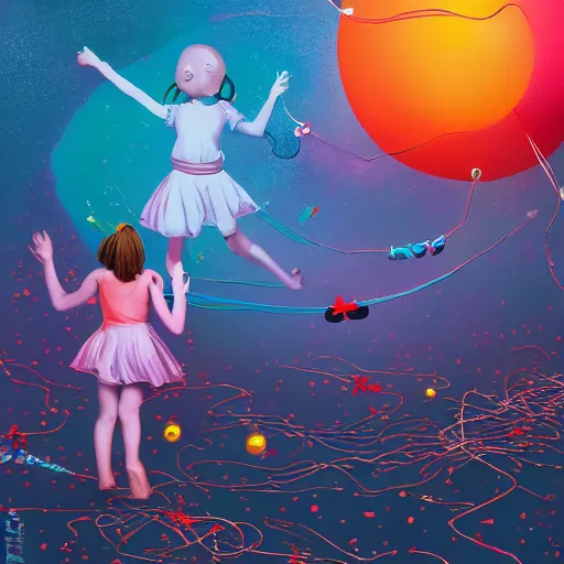 Prompt: two children silhouettes floating in opposition in zero gravity through spacetime in a loose tangle of retro console cables and controllers, flowing lines, dreamy atmosphere, surrounded by individual shimmering tiny flower petals and retro gaming collectibles, trending on artstation, hyper realistic, ross tran, WLOP