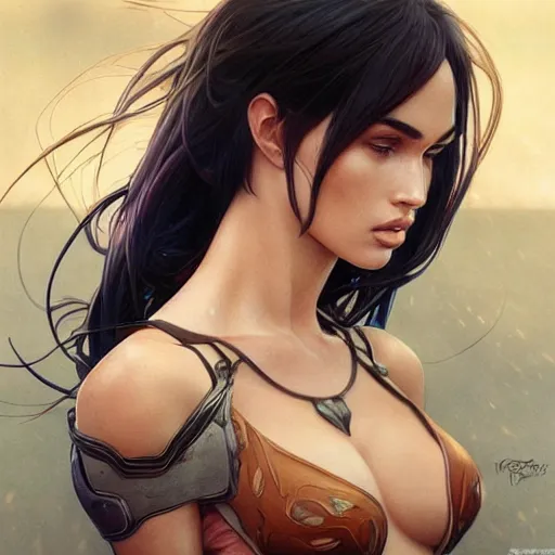 Image similar to ultra realistic illustration, buff megan fox anime, intricate, elegant, highly detailed, digital painting, artstation, concept art, smooth, sharp focus, illustration, art by artgerm and greg rutkowski and alphonse mucha and wlop