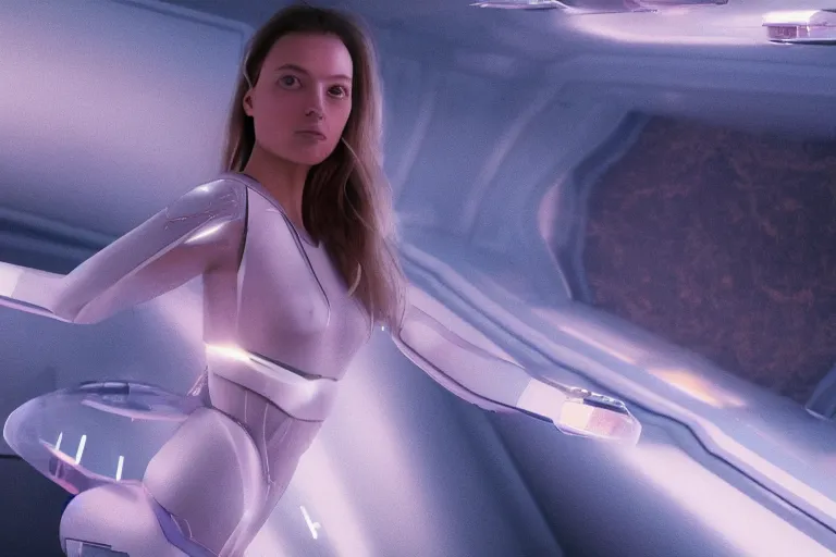 Image similar to VFX movie of a futuristic space woman model gorgeous portrait in inhuman future spaceship, beautiful natural skin natural lighting by Emmanuel Lubezki