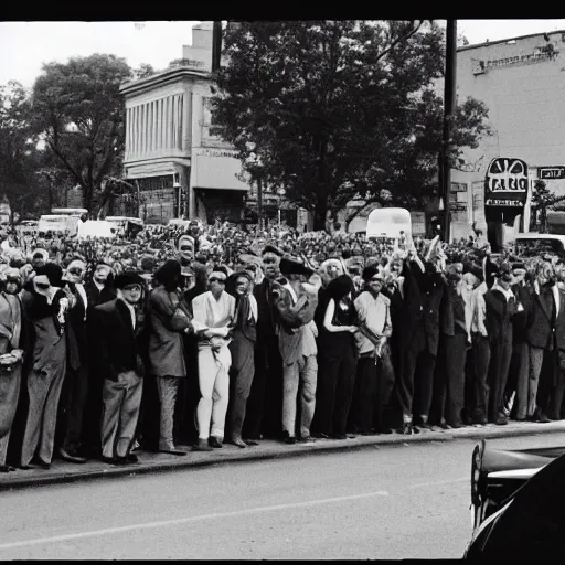 Prompt: crowd of people with guns stand at the roadside watching jfk motorcade, photo, filmic, 1960s, black and white