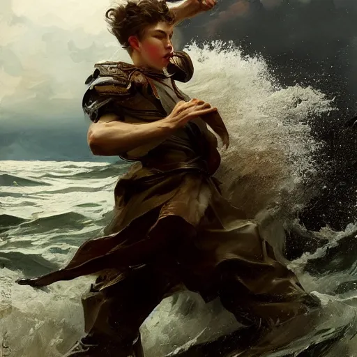 Image similar to epic battle brown haired boy summons a huge wave of water. detailed. masterpiece. dramatic. rule of thirds. jc leyendecker. repin. ruan jia.